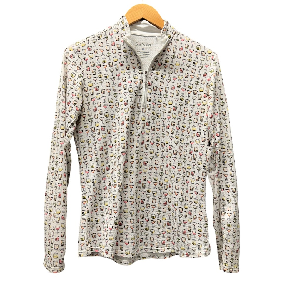 SanSoleil Golf Shirt Pullover Womens Medium SolTek Cocktail Print White 1/4‎ Zip